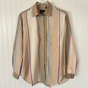 Vintage Liz Claiborne Casual Tan Cotton Button Up Muted Color Stripes Medium